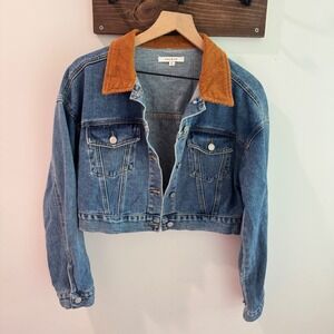 PacSun Cropped Denim Jacket Medium Wash Corduroy Collar Brown Blue Small